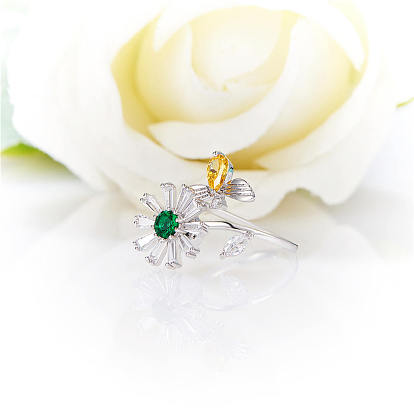 SHEGRACE Brass Rings, with Grade AAA Cubic Zirconia, Flower and Bees