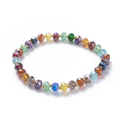Electroplate Faceted Abacus Glass Beaded Stretch Bracelets, with Glass Seed Beads