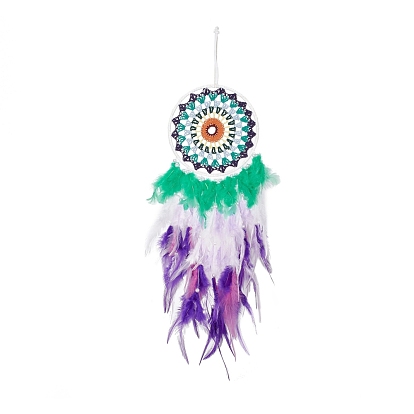 Iron Woven Web/Net with Feather Pendant Decorations, with Plastic Beads, Covered with Leather and Cotton Cord, Flat Round