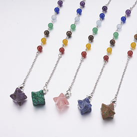 Natural & Synthetic Mixed Stone Dowsing Pendulums, with Mixed Stone and Brass Findings, Chakra, Merkaba Star, Platinum