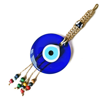 Flat Round with Evil Eye Glass Tassel Pendant Decorations, Braided Hemp Rope Hanging Ornaments, with Random Color Wooden Beads
