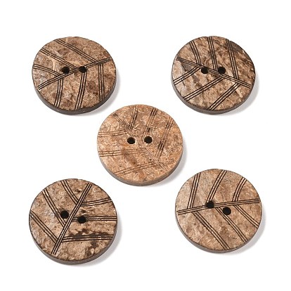 2-Hole Coconut Buttons, Flat Round with Leaf Vein Pattern