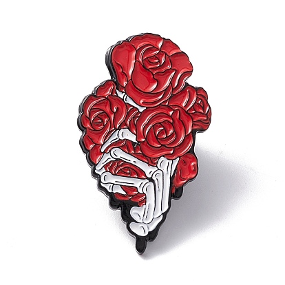 Skeleton Hand with Rose Enamel Pin, Halloween Alloy Brooch for Backpack Clothes, Electrophoresis Black