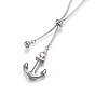 Adjustable 304 Stainless Steel Lariat Necklaces, with Slider Stopper Beads and Anchor Pendants