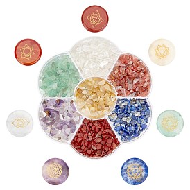 Perles de pierres précieuses mixtes naturelles et synthétiques sur le thème du chakra, pas de trous / non percés, avec boîte en forme de fleur, chips et rond plat
