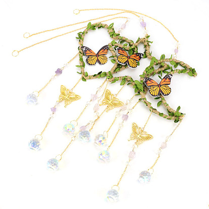 Feuille papillon corde de chanvre enveloppée ornements suspendus, Attrape-soleil en verre avec pompon en forme de larme pour la décoration extérieure de la maison