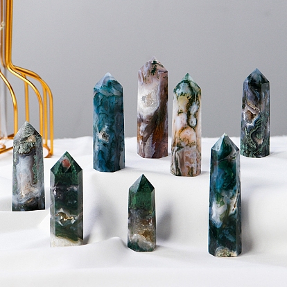 Natural Moss Agate Pointed Prism Bar Home Display Decoration, Healing Stone Wands, for Reiki Chakra Meditation Therapy Decos, Faceted Bullet
