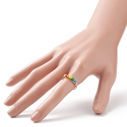 Anillo de dedo con cuentas trenzadas de semilla de vidrio de color arcoíris, joyas envueltas en alambre de cobre para mujer