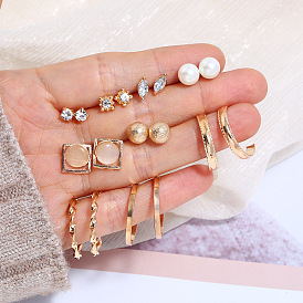 9 Pairs of Alloy Earrings with Diamond and Pearl Studs - Street Style, Model.