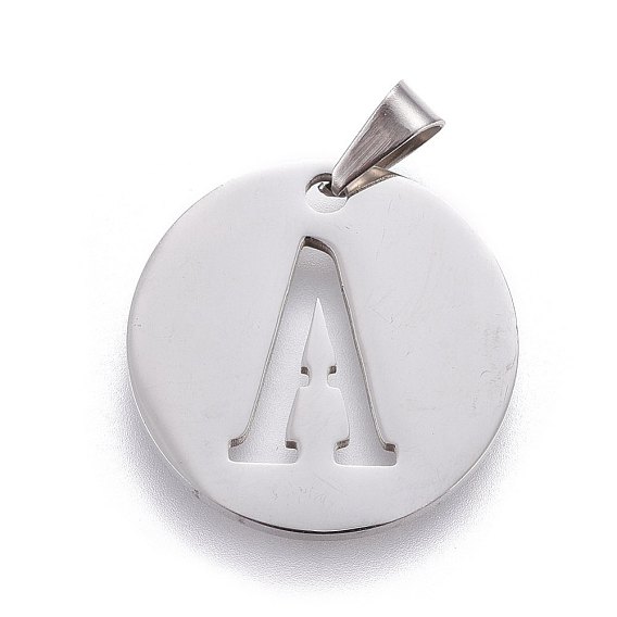 201 Stainless Steel Pendants, Flat Round with Letter
