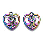 Rack Plating Rainbow Color Alloy Pendants, Cadmium Free & Nickel Free & Lead Free, Heart with Flower