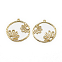 Brass Pendants, Flat Round with Flower, Real 18K Gold Plated