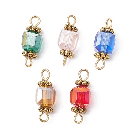 Glass Connector Charms, Cube Links with 304 Stainless Steel Double Loops, Mixed Color