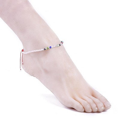 Adjustable Nylon Thread Anklets, with Handmade Evil Eye Lampwork Beads and Glass Seed Beads, Round