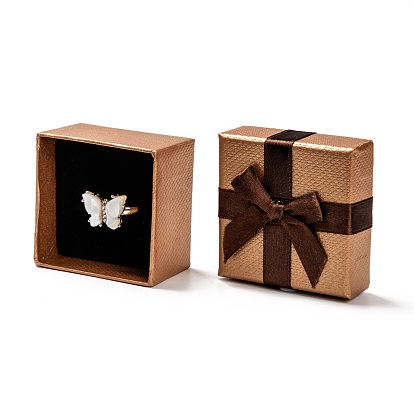 Картонные коробки кольцо, с бантом, квадратный, седло коричневый, 50x50x30 мм