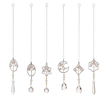 Teardrop Acrylic Beads Big Pendant Decorations, Hanging Sun Catchers, with Rose Quartz Chips Beads, Tree of Life