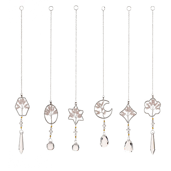 Teardrop Acrylic Beads Big Pendant Decorations, Hanging Sun Catchers, with Rose Quartz Chips Beads, Tree of Life