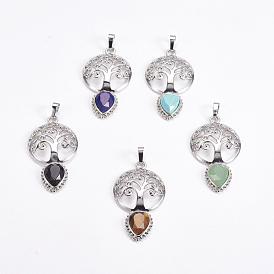 Brass Pendants, Gemstone, Faceted, Hollow Flat Round with Tree of Life and Teardrop, Platinum