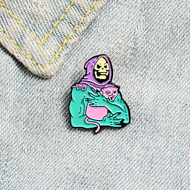 Cartoon Monster Skull with Pink Cat Enamel Pin Badge