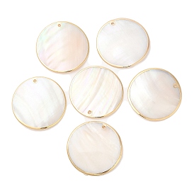 Natural Freshwater Shell Pendants, Golden Plated Brass Edged Flat Round Charms