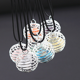 Natural Mixed Gemstone Cage Pendant Necklace, Silver Plated Alloy Wire Wrap Necklace with Waxed Cord