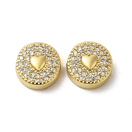 Rack Plating Brass Micro Pave Cubic Zirconia Beads, Long-Lasting Plated, Lead Free & Cadmium Free, Flat Round with Heart