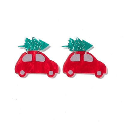 Opaque Acrylic with Iron Rings Pendants, Vehicle with Christmas Tree Charms