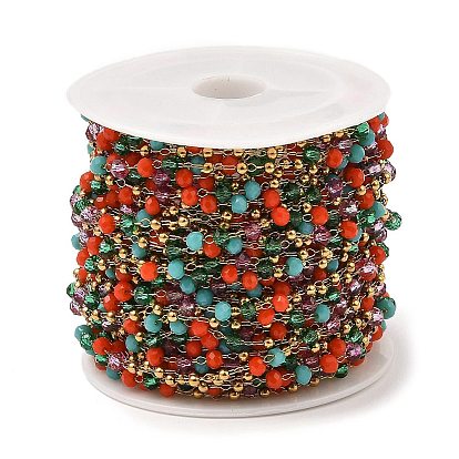 Chaînes à maillons perlées en verre rondelle colorée, avec 304 accessoires en acier inoxydable, soudé, avec bobine