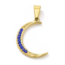 Vacuum Plating 304 Stainless Steel with Capri Blue Rhinestones Pendants, with 201 Stainless Steel Snap On Bails, Crescent Moon