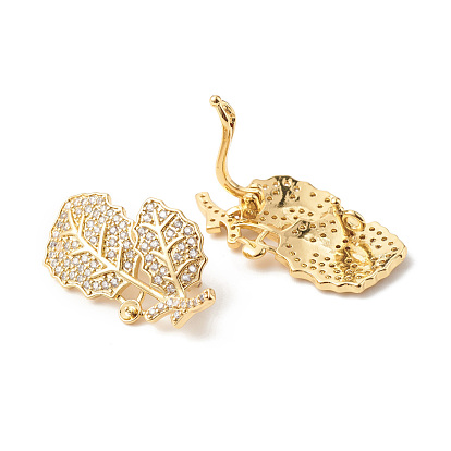 Brass Micro Pave Clear Cubic Zirconia Twister Clasps, for Half Drilled Beads, Cadmium Free & Lead Free, Leaf