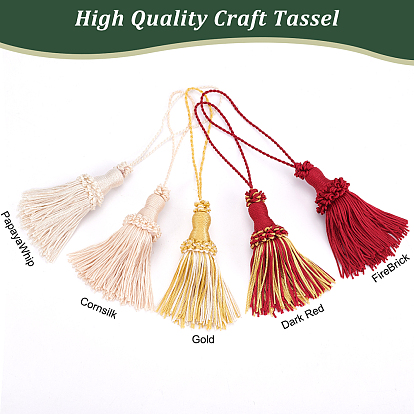 BENECREAT 5Pcs 5 Colors Polyester Tassel Pendant Decorations, with Tether & Wood Inner Core, for Purse, Backpack, Car Ornament