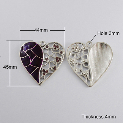 Alloy Enamel Pendants, Cadmium Free & Lead Free, with Rhinestone, Heart, Antique Silver Metal Color, 45x44x4mm, Hole: 3mm