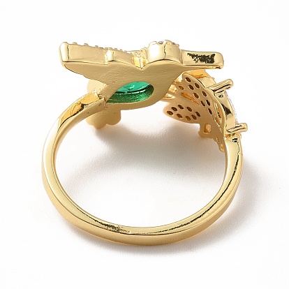 Anillo de puño abierto con hoja de circonita cúbica, joyas de latón chapado en oro real 18k para mujer, sin plomo y el cadmio