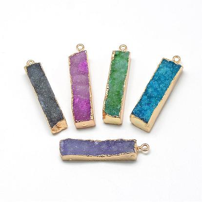 Natural Druzy Agate Pendants, with Brass Findings, Dyed, Rectangle, Golden