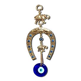 Handmade Lampwork Turkish Blue Evil Eye Pendant Decoration, with Alloy Elephant & Horseshoe Link for Home Wall Hanging Ornament