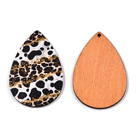 Single Face Printed Basswood Big Pendants, Teardrop Charm with Leopard Print Pattern