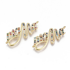 Brass Micro Pave Colorful Cubic Zirconia Links Connectors, for Mother's Day, Nickel Free, Word Mama