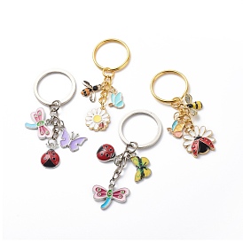4Pcs Insect Theme Keychain, Bee Butterfly Dragonfly Ladybug Enamel Pendant Keychain, with Alloy Findings
