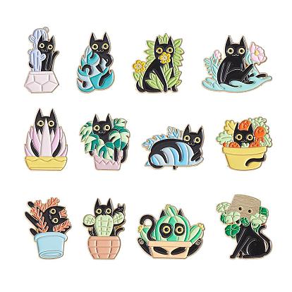 12 Pcs Cat Brooche Pins Set Enamel Lapel Pins Cute Black Cat Plants Enamel Brooche Pins Set Cartoon Animal Pins Badges Clothing Bags Jackets for Women