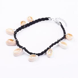 Fashion Style Cowrie Shell Charm Collar Choker Necklaces, with Alloy Clasps, 11 inch