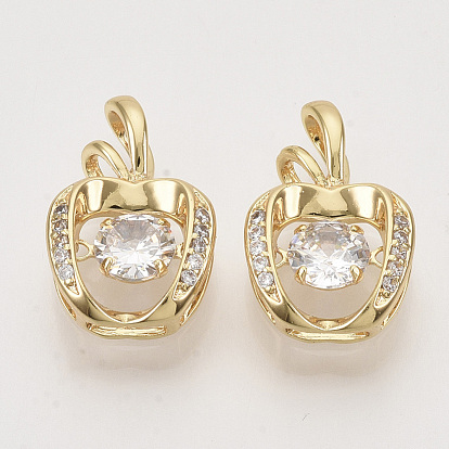 Brass Micro Pave Clear Cubic Zirconia Pendants, Nickel Free, Apple, Real 18K Gold Plated