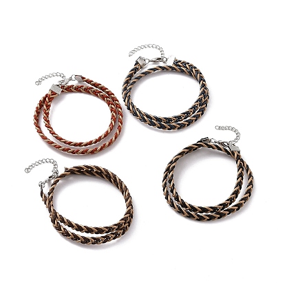 Cowhide Leather Braided Twist Rope Two Loops Wrap Bracelet with Brass Clasps for Women
