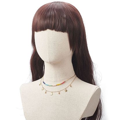 Collar de doble capa con abalorios de estrella de latón con cuentas de vidrio de colores para mujer