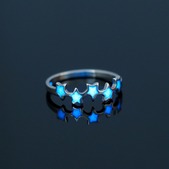 Luminoso 304 anillo de estrella de acero inoxidable, joyas que brillan en la oscuridad para mujer