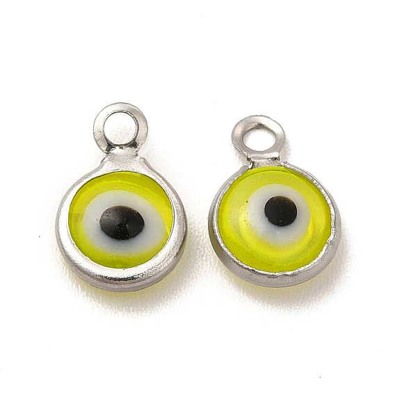304 Stainless Steel with Glass Enamel Charms, Flat Round with Evil Eye Pattern