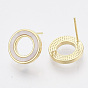 Brass Stud Earring Findings, with Shell and Loop, Nickel Free, Ring, Creamy White