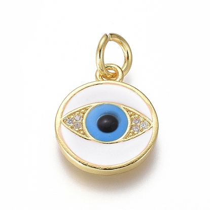 Brass Micro Pave Cubic Zirconia Pendants, with Enamel, Flat Round and Eye, Clear