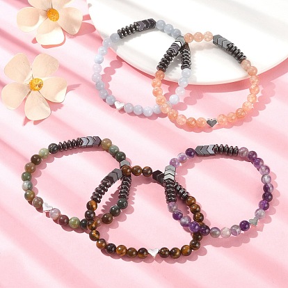 Natural Mixed Gemstone Round & Synthetic Hematite Arrow & Alloy Heart Beaded Stretch Bracelet for Women