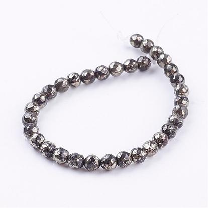 Natural Pyrite Beads Strands, Round, Faceted