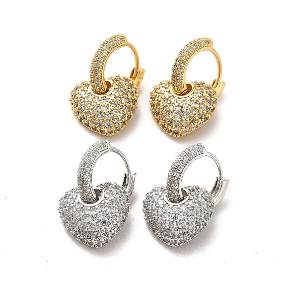 Clear Cubic Zirconia Heart Dangle Hoop Earrings, Brass Jewelry for Women